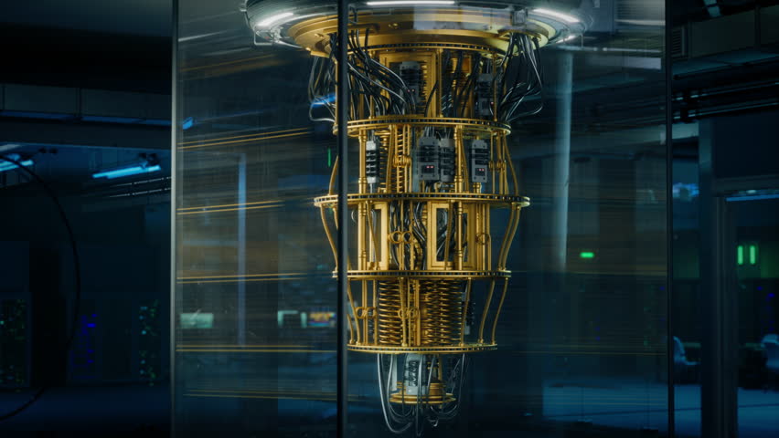 Quantum Computing Hardware is Standing in a Secure Glass Chamber. Close Up on Intricate Gold Wiring, Cooling System, Quantum Chips and Optical Communication Fibers. AI Computation and Science Concept
