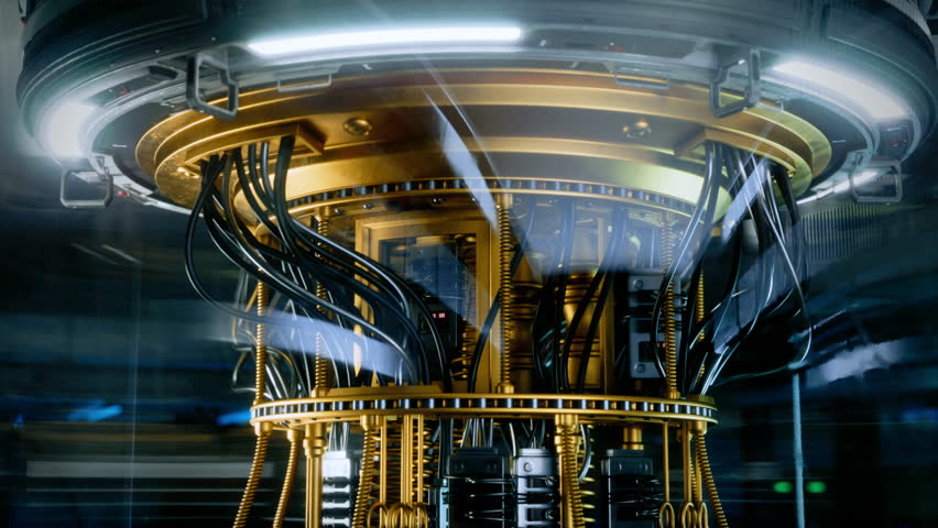 Modern Quantum Computer with Gold Framework and Advanced Wiring and Cooling Systems Suspended Behind Glass. Quantum Technology at Work in a High-tech Laboratory Environment. Close Up Rotating Arc Shot