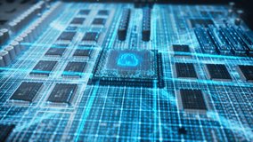 Automated Robotic Arms Assembling Circuit Boards on a Conveyor Belt. Futuristic Concept Visualization: Digital Visualization with a Chip with Blue Electric Lines and a Security Padlock Icon - Powered by Shutterstock - Get 15% off with code: PIKWIZARD15
