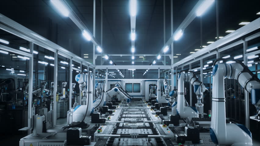 Futuristic High-Tech Concept Visualization: Automated Factory Floor with Robotic Arms Producing Computer Components. Animated Digital Lines Connect into an AI Symbol on a Circuit Board Microchip