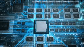 Advanced Technology Concept with Robotic Arms Conveyor Producing Circuit Boards and Inserting Electronic Chips. Artificial Intelligence Digitization Process with Blue Lines of Data Flow. Flying Camera - Powered by Shutterstock - Get 15% off with code: PIKWIZARD15