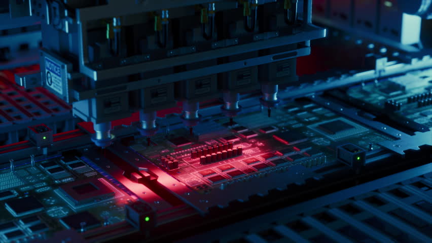 Innovative Manufacturing Factory with Industrial Robots Producing Circuit Boards in a High-Tech Automated Factory. Advanced Facility Building Microelectronics Components with PCB Prototyping Machines