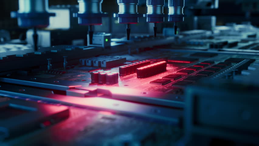 Automated Electronic Components Assembly on an Advanced Factory Conveyor, Working on Circuit Board and Chip Manufacturing. Technological Microelectronics Fabrication Industry Footage