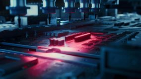 Automated Electronic Components Assembly on an Advanced Factory Conveyor, Working on Circuit Board and Chip Manufacturing. Technological Microelectronics Fabrication Industry Footage - Powered by Shutterstock - Get 15% off with code: PIKWIZARD15