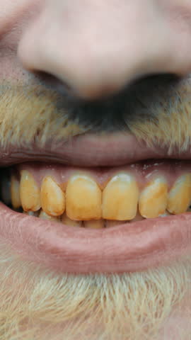 Male mouth with yellow dirty teeth. The mouth of a homeless man with a yellow beard and teeth