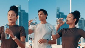 Athlete, fitness and people with drinking water in city for hydration, exercise break and running recovery. Series, runner and liquid bottle for workout refresh, thirsty and rest from cardio training - Powered by Shutterstock - Get 15% off with code: PIKWIZARD15