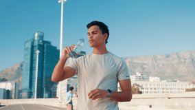 City, man and fitness with drinking water for wellness, hydration and break for marathon challenge. Outdoor, male person and runner with thirst for h2o liquid, nutrition or detox after cardio workout - Powered by Shutterstock - Get 15% off with code: PIKWIZARD15