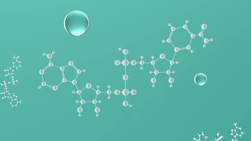 NAD molecular structure in drop and medical syringe with ampoule for injection on cyan background. Concept of anti-aging therapy and life extension. 3d animation.