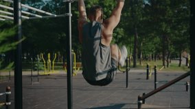 A muscular man working out on monkey bars in a park, capturing strength and determination in an outdoor fitness setting under a clear blue sky. Strong Man Exercising Outdoors on Monkey Bars - Powered by Shutterstock - Get 15% off with code: PIKWIZARD15