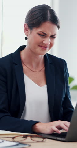 Business, neck pain and woman in office, burnout and shoulder tension with accounting. Person, financial investor or employee in workplace, stress and overtime with muscle ache, joint injury or tired