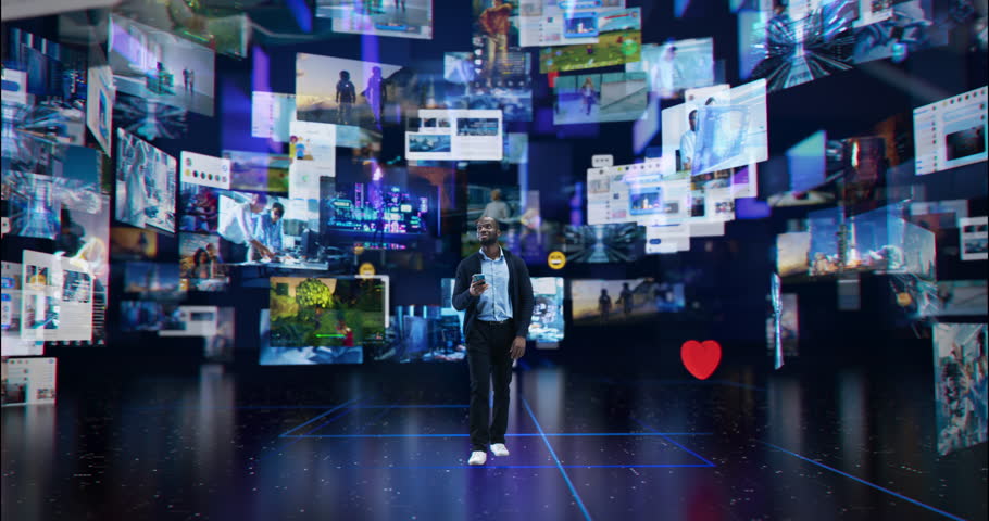 Black Male Taps on a Smartphone to Explore a Digital World, Interacting with Social Media Visuals on Mobile Device, Surrounded by Floating Screens and Digital Content. Futuristic Cyber Experience