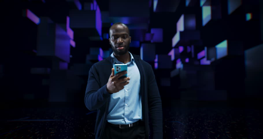 African Male Navigating a Digital Realm, Engaging with Dynamic Social Media Elements on His Smartphone, Surrounded by Immersive, Floating Visuals with Futuristic Online Interactions