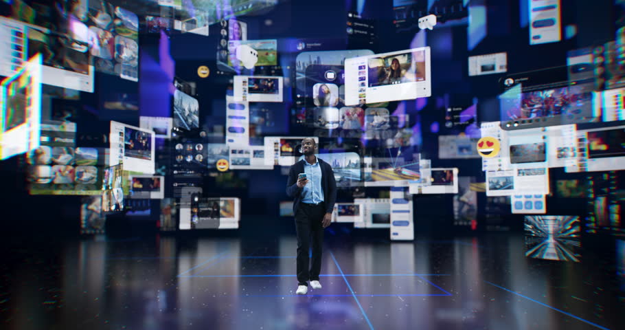 African Male Navigating a Digital Realm, Engaging with Dynamic Social Media Elements on His Smartphone, Surrounded by Immersive, Floating Visuals with Futuristic Online Interactions