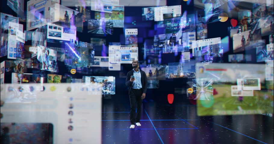 African Man Using Smartphone in a Conceptual Space. Digital Visualization of Social Media, Influencer Economy, Viral Content. Augmented Reality with Floating Hologram Screens with Videos