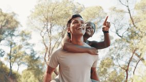 Couple, laugh and piggyback for fitness in nature for exercise, fun training and playful break. Smile, people and hug with relationship, romance and bonding together for sightseeing of travel workout - Powered by Shutterstock - Get 15% off with code: PIKWIZARD15