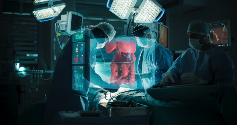 Female Surgeon Carefully Makes an Incision, Her AR Headset Displaying a Translucent Overlay of the Patient's Vascular System. Real-time Visualization Helps Her Navigate Critical Blood Vessels