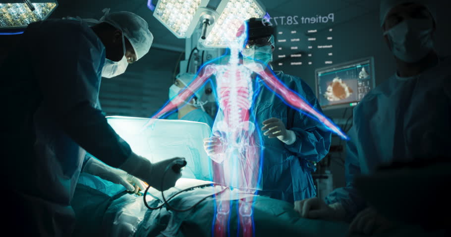 Female Surgeon Wearing a Headset, Using Augmented Reality Technology in a High-tech Operating Room. Doctor Inspecting Vital Surgical Information on an Augmented Reality Brain Hologram