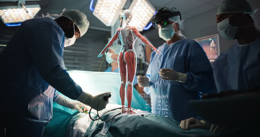 Team of Surgeons Performing an Operation. Female Consults the Augmented Reality Display that Projects a 3D Model of Patient's Brain. Headset Helps to Visualize Placement for Surgical Instruments
