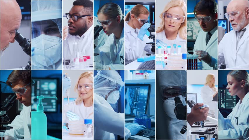 Technology and medical concept. Scientists, lab equipment and microscopes in biomedical innovations and clinical studies. Ideal for educational content. Vertical videos.