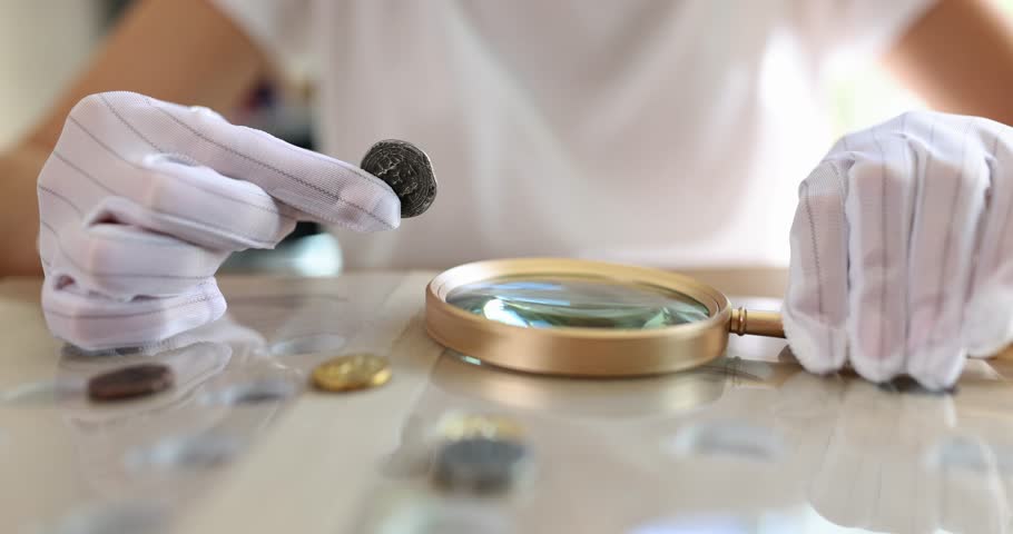 Numismatist wearing white gloves holds examining ancient coin with magnifying glass. Person conducts detailed analysis of historical artifacts