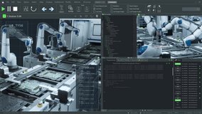 Computer Monitor Screen Replacement Template with 3D Software User Interface with Animated Digital Robotic Arm Operation Tool. Concept of Technological Research, Development, Production at a Factory - Powered by Shutterstock - Get 15% off with code: PIKWIZARD15