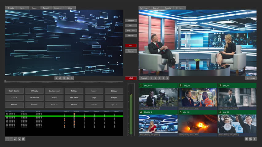 Dynamic TV Broadcast Interface with a News Studio Interview with a Female Host Talking with a Male Guest. Screen Replacement Template for Director's Technical Panel with Advanced Controls