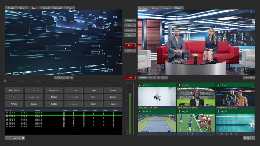 Broadcast Station Audio and Video Management Software Interface Template for Screen Replacement. Media Asset Automation System with Different Sports Broadcasts and Panel Discussion in News Studio