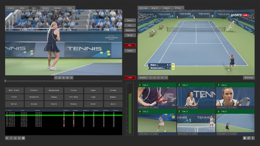 Technical Media Director's Tennis Broadcast Interface with Live Match Coverage, Dynamic Camera Angles and Real-time Configurators and Settings. Video Management System Template for Media Professionals
