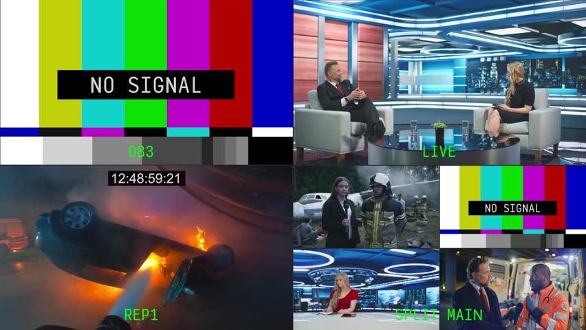Playback Template for Television News Program Technical Director Management Software. Digital Media Production Master Control Concept with a TV Show with Breaking News and Discussion Panel