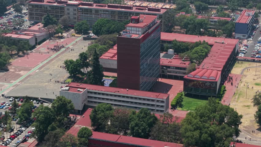 Landmark building on a university campus in south CDMX drone view