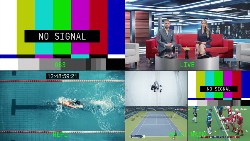Sports News TV Broadcast Interface with Female and Male Hosts Discussing Latest American Football, Swimming, Tennis and Ice Hockey Updates. Screen Replacement Template for Director's Technical Panel