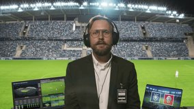Playback Template for Television News Program with Sports Commentator Covering a Live Soccer Championship. Male Host Wearing Glasses and Headphones, Describing What is Happening on a Field to Viewers - Powered by Shutterstock - Get 15% off with code: PIKWIZARD15