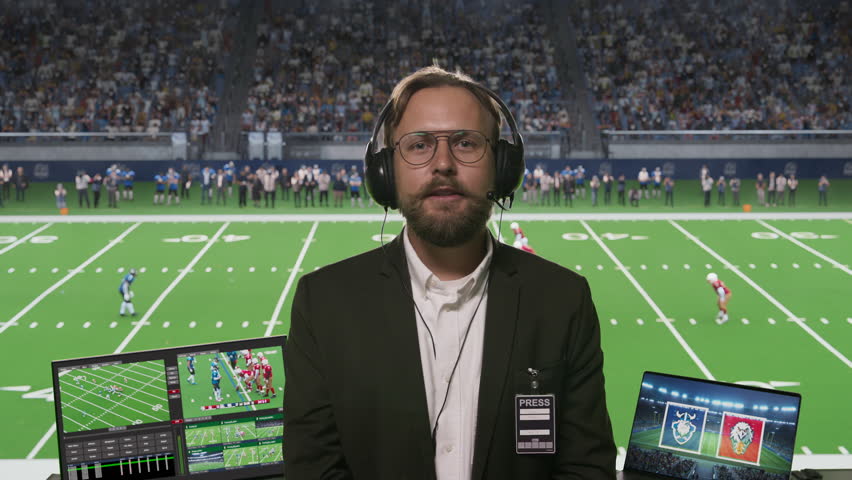TV Sports Commentator Announcing the Beginning of an American Football Match. Male Sportscaster Looking at Camera, Talking, Providing Information About the Upcoming Championship. Screen Replacement