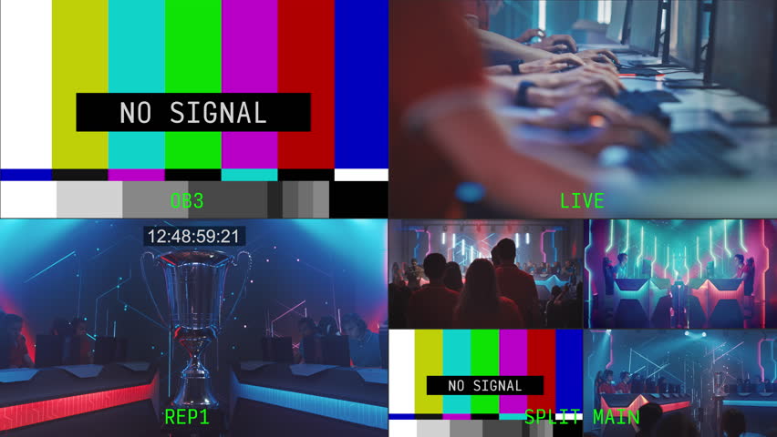Technical Media Director's eSport Broadcast Interface with Live Gaming Match Coverage, Dynamic Camera Angles and Real-time Settings. Video Management System Template for Media Professionals