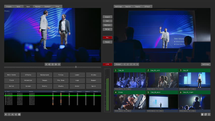 Business Conference Live Stream Management Tool User Interface. Footage with Diverse Speakers and Engaged Audience, Presentations on Stage. Video Management System Template for Media Professionals