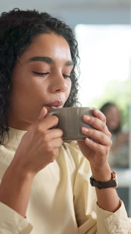 Business, coffee drink and woman in office, cup and morning with wellness, smile and start day. Person, consultant and employee in workplace, cappuccino and herbal tea with break, relaxing and aroma