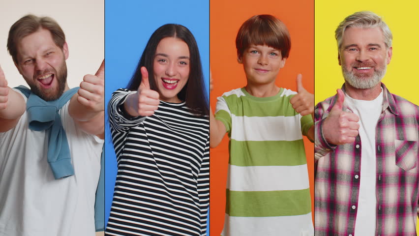 Like. Collage of smiling happy people diverse gender, different ages, ethnicity raises thumbs up sign gesture, gives positive reply, recommends good idea feedback, celebrating victory, approve, agree.