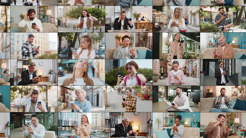 Collage of upset frustrated people men women diverse gender different ages ethnicity using smartphone typing browsing, loses becoming surprised amazed lottery sad results, bad news, fortune loss, fail