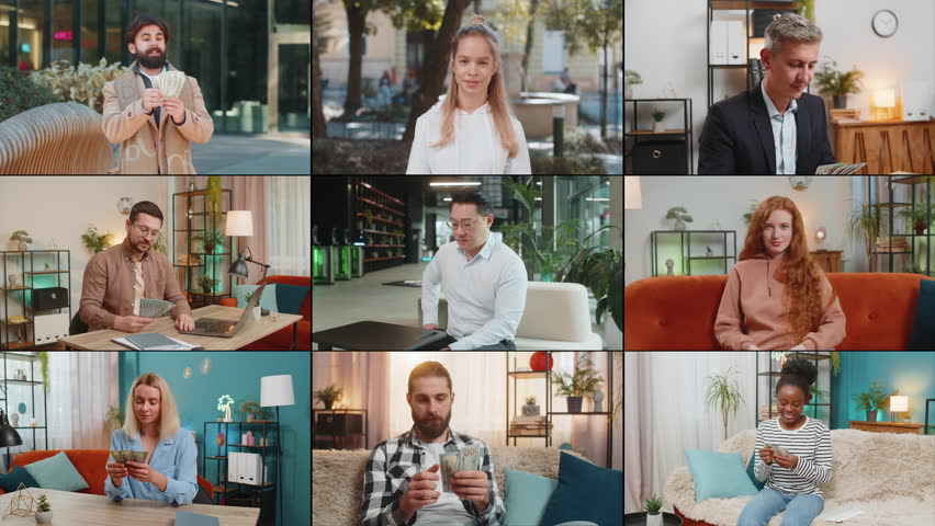 Collage of happy rich people men women counting money dollar cash banknotes with pleased expression. Feeling joy about funds for shared financial goals. Celebrate success career salary wealth income