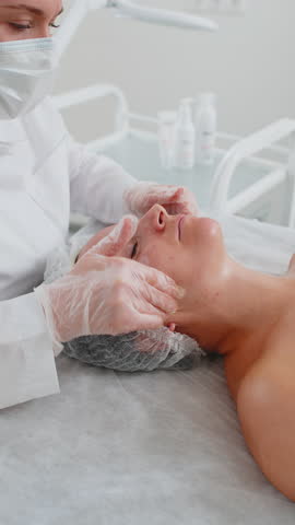 Cosmetologist applying special moisturizing medical cream, scrub, peeling face of pretty Caucasian woman. Facial skin care anti aging cosmetic massage procedure in a beauty salon. Beauty treatment