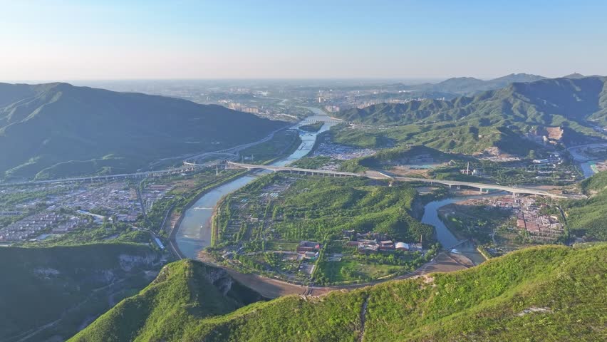 Beijing, China - 3rd May 2025 - Aerial view of Beijing Yongding river and Western Hills