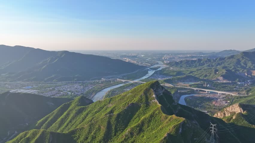 Beijing, China - 3rd May 2025 - Aerial view of Beijing Yongding river and Western Hills