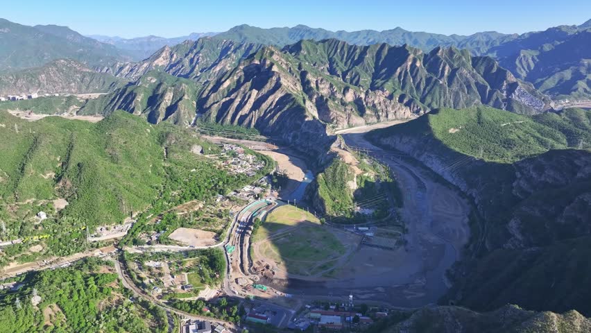 Beijing, China - 3rd May 2025 - Aerial view of Beijing Yongding river and Western Hills
