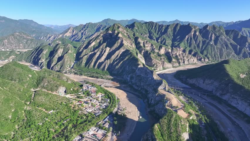 Beijing, China - 3rd May 2025 - Aerial view of Beijing Yongding river and Western Hills