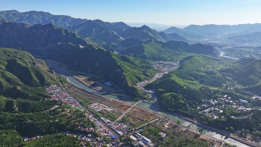 Beijing, China - 3rd May 2025 - Aerial view of Beijing Yongding river and Western Hills