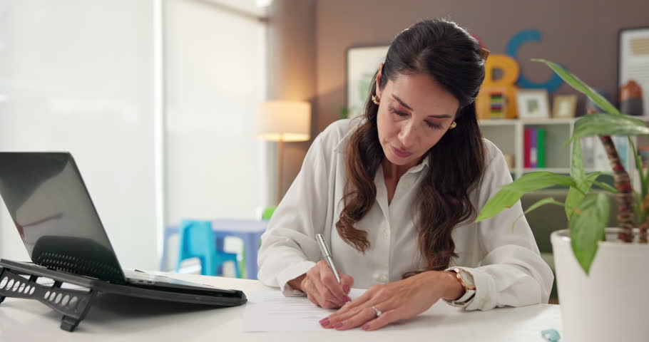 Teacher, laptop and woman with writing in home for online lesson schedule, planning curriculum and class notes. Remote work, educator and paperwork for elearning course and grading kindergarten test