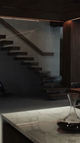 Modern interior of a room in an apartment with an elegant staircase and a modern minimalist design