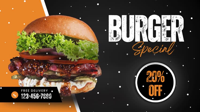 Burger promotional ad with Cheese and Beef. Delicious Burger Special with 20% Off - Ready for Delivery