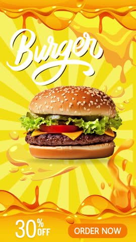 Burger advertising poster motion graphics. Delicious burger graphic with 30% off promotion