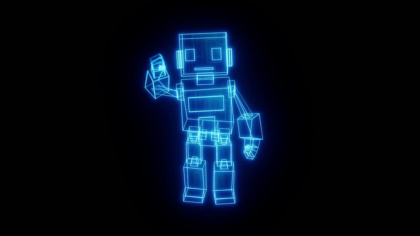 Blue glowing hologram robot waving in a seamless loop. Sci-fi wireframe style. Perfect for greetings, intros, AR VR apps, and futuristic digital assistants.
